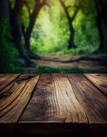 en bois table avec une défocalisé image la nature arrière-plan, vide en bois table Haut sur flou arrière-plan, 3d en bois table à la recherche en dehors à feuilles et défocalisé paysage ai généré photo