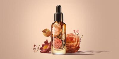 une sérum bouteille maquette sur Rose fleur dans pêche Contexte. photo