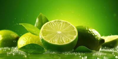 Frais tranche citron vert avec l'eau laissez tomber sur vert Contexte. génératif ai photo