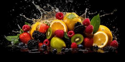 divers fruit avec l'eau éclaboussure sur foncé arrière-plan, en bonne santé des fruits riches dans vitamines. génératif ai photo
