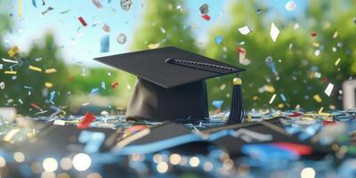 graduation casquette avec confettis arrière-plan, l'obtention du diplôme journée concept. génératif ai photo