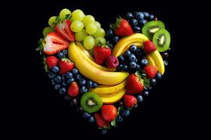 divers fruit dans le cœur forme foncé arrière-plan, en bonne santé des fruits riches dans vitamines. génératif ai photo