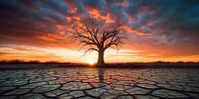 silhouette de mort arbre sur fissuré sol le coucher du soleil arrière-plan, global chauffage concept. génératif ai photo