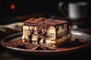 proche en haut savoureux nourriture la photographie de italien tiramisu. ai génératif photo