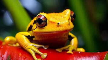 fermer de une Jaune grenouille sur une heliconia usine, Indonésie. Créatif Ressource, ai généré photo