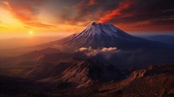 désorientant coucher de soleil, Montagne et lac. Créatif Ressource, ai généré photo