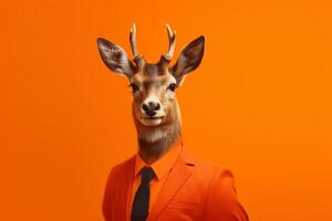 portrait de une Jeune cerf dans une costume sur Orange Contexte affaires et mode concept génératif ai photo