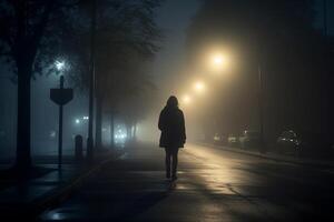 silhouette de une femme en marchant sur le rue dans le brouillard à nuit génératif ai photo