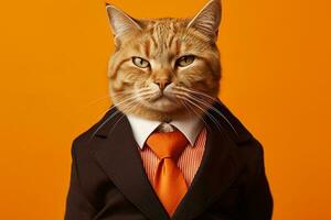 portrait de une chat dans une costume et attacher sur Orange Contexte photo