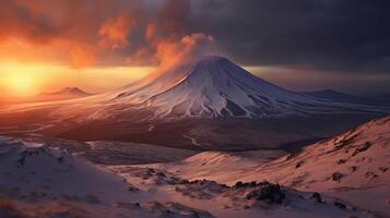 désorientant crépuscule, Montagne et lac. Créatif Ressource, ai généré photo