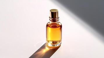 ouvert brillant bouteille avec sérum ou principal huile. blanc fondation avec ensoleillement et étonnant ombres. éclat concept pour supporter à et corps se soucier. ai généré photo