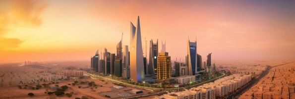 panoramique ville coup de riyad montrant horizon Repères, Bureau et Résidentiel bâtiments pendant le coucher du soleil ou lever du soleil dans Sud Saoudite. génératif ai technologie. photo