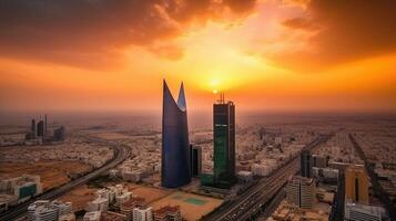 panoramique ville coup de riyad montrant horizon Repères, Bureau et Résidentiel bâtiments pendant le coucher du soleil ou lever du soleil dans Sud Saoudite. génératif ai technologie. photo