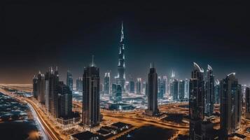 Dubai, Émirats arabes unis paysage urbain à nuit avec lumières surplombant le burj khalifa. incroyable touristique destination, génératif ai technologie. photo