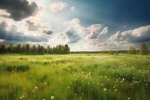 magnifique vert Prairie en dessous de bleu ciel avec des nuages. la nature composition. génératif ai photo