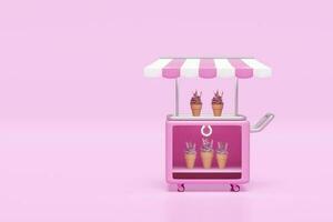 la glace crème Chariot magasin boutique avec la glace crème vitrines ou frigo isolé sur rose Contexte. 3d rendre illustration, coupure chemin photo