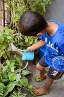 mignonne 5 ans vieux asiatique peu garçon est arrosage le plante dans le des pots situé à maison balcon. l'amour de sucré peu garçon pour le mère la nature pendant arrosage dans les plantes. enfant plantation photo