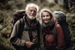 magnifique les personnes âgées couple. vieux gens sont randonnée. actif retraite. positif vieillissement. retraités sont joie en marchant en plein air et la nature. cool senior. génératif ai. photo