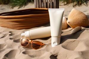 plage ensemble pour relaxation une tube de crème, lunettes de soleil.ai généré photo