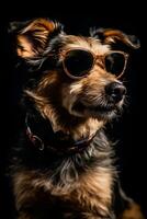brutal chien avec des lunettes sur une noir Contexte dans le studio. le image a été établi en utilisant artificiel intelligence.ai généré photo
