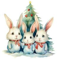 aquarelle mignonne Trois lapins dessous Noël arbre. illustration ai génératif photo