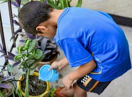 mignonne 5 ans vieux asiatique peu garçon est arrosage le plante dans le des pots situé à maison balcon. l'amour de sucré peu garçon pour le mère la nature pendant arrosage dans les plantes. enfant plantation photo