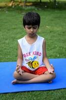 asiatique intelligent enfant Faire yoga pose dans le société parc Extérieur, enfants yoga pose. le peu garçon Faire yoga et méditation exercer. photo