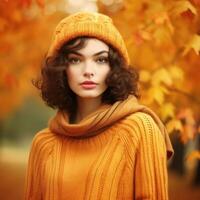 magnifique fille. l'automne Contexte. illustration ai génératif photo