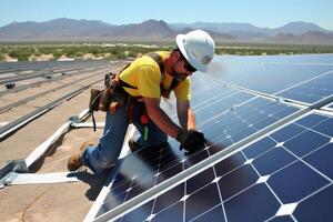 une technicien installe une photovoltaïque système établi avec génératif ai technologie. photo