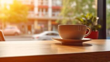 le café tasse est fermé en haut sur une en bois table dans le café magasin près le fenêtre, illuminé par chaud après midi lumière, et là est copie espace disponible pour contenu et bannière, ai génératif photo