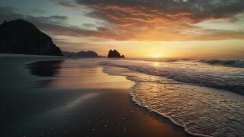 Orange et d'or le coucher du soleil ciel sur le plage, évoquant une ensoleillé été vacances humeur, parfait pour une Voyage vacances bannière, ai génératif photo