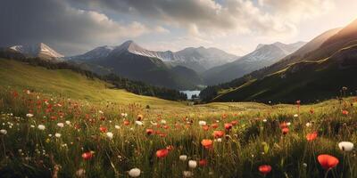 ai généré. ai génératif. Suisse Alpes paix calme paysage aventure ambiance. graphique art photo
