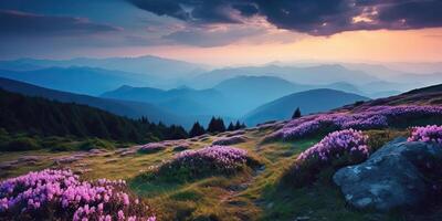 ai généré. ai génératif. magnifique rhododendron fleurs plus de le coucher du soleil montagnes champ paysage. graphique art photo