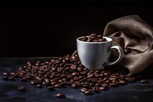 tasse de café et café des haricots dans une sac sur foncé Contexte. génératif ai photo