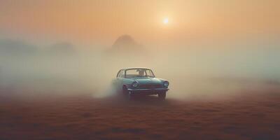 ai généré. ai génératif. brouillard brouillard mystique horreur cinématique solitaire rétro vieux ancien voiture sur route avec mal voir. graphique art photo