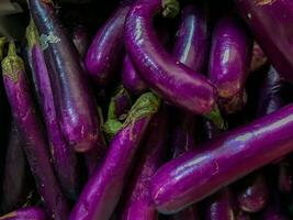 groupe de violet aubergine sur afficher à local indonésien marché. violet aubergine Contexte photo