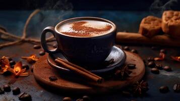 fumant café tasse avec parfumé cannelle et café haricots. établi avec génératif ai photo