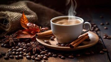 fumant café tasse avec parfumé cannelle et café haricots. établi avec génératif ai photo