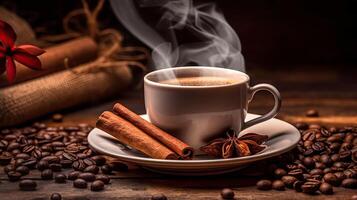 fumant café tasse avec parfumé cannelle et café haricots. établi avec génératif ai photo