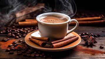 fumant café tasse avec parfumé cannelle et café haricots. établi avec génératif ai photo