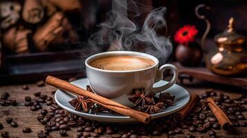 fumant café tasse avec parfumé cannelle et café haricots. établi avec génératif ai photo