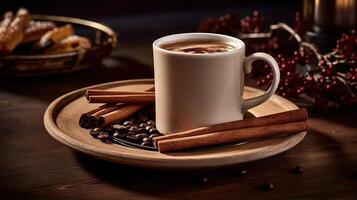 fumant café tasse avec parfumé cannelle et café haricots. établi avec génératif ai photo