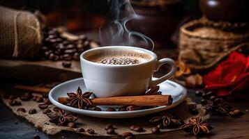 fumant café tasse avec parfumé cannelle et café haricots. établi avec génératif ai photo