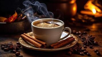 fumant café tasse avec parfumé cannelle et café haricots. établi avec génératif ai photo