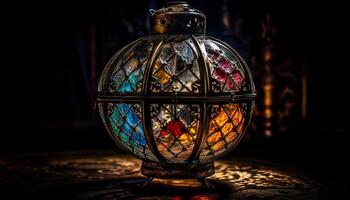 antique lanterne illuminé rustique bois dans le foncé généré par ai photo