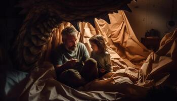 père et fils partager heure du coucher joie embrassement généré par ai photo