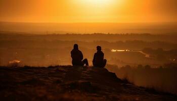 silhouette de couple embrassement dans serein le coucher du soleil généré par ai photo