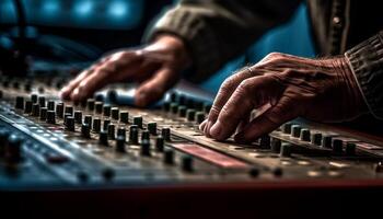 expert du son ingénieur ajuste mixer dans boîte de nuit performance généré par ai photo