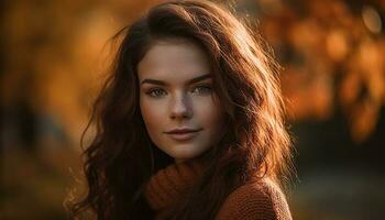 souriant Jeune femme dans la nature beauté généré par ai photo