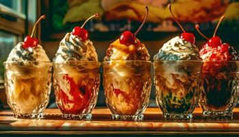 la glace crème sundae, une sucré indulgence généré par ai photo